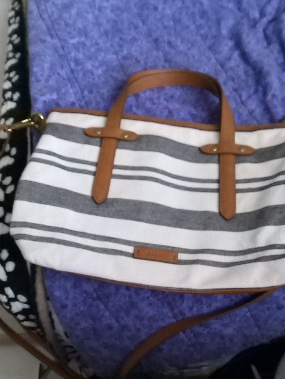 Fossil Gray and White Striped Canvas Tote with Tan Trim